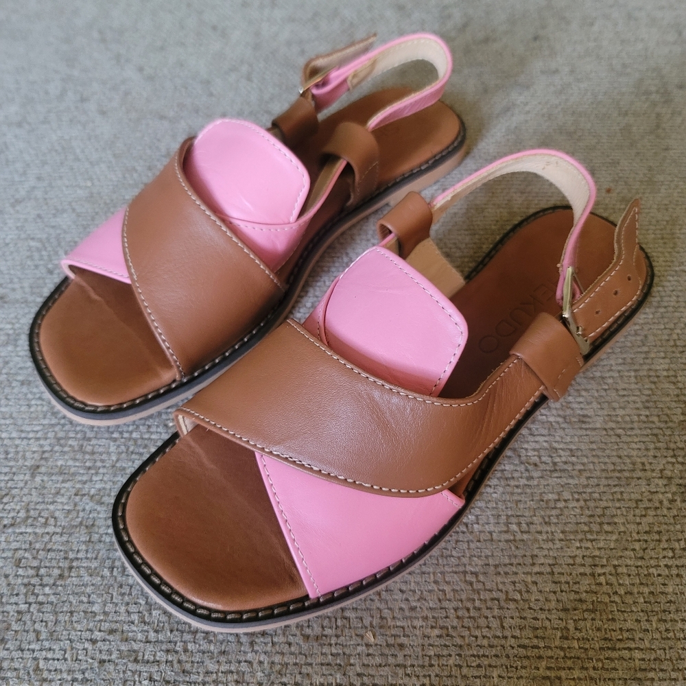 NEW Shekudo Cove Sandals Pink Tan Brown Leather Open Toe Sandals Back Strap - Picture 5 of 8